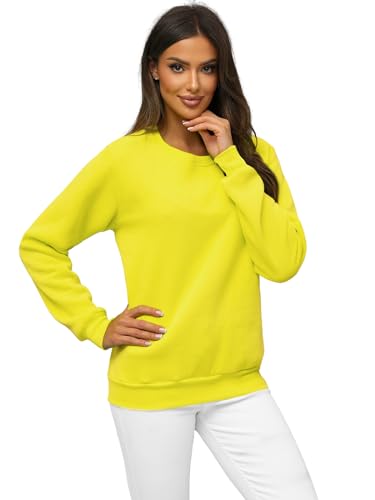 OZONEE Damen Sweatshirt Pullover Langarm Farbvarianten Langarmshirt Pulli ohne Kapuze Baumwolle Baumwollmischung Classic Basic Rundhals-Ausschnitt Sport 777/3001B GELB-NEON M von OZONEE