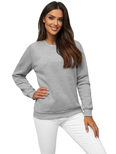 OZONEE Damen Sweatshirt Pullover Langarm Farbvarianten Langarmshirt Pulli ohne Kapuze Baumwolle Baumwollmischung Classic Basic Rundhals-Ausschnitt Sport 777/3001B GRAU XL von OZONEE