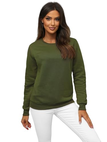 OZONEE Damen Sweatshirt Pullover Langarm Farbvarianten Langarmshirt Pulli ohne Kapuze Baumwolle Baumwollmischung Classic Basic Rundhals-Ausschnitt Sport 777/3001B Khaki M von OZONEE
