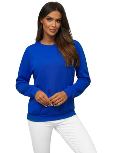 OZONEE Damen Sweatshirt Pullover Langarm Farbvarianten Langarmshirt Pulli ohne Kapuze Baumwolle Baumwollmischung Classic Basic Rundhals-Ausschnitt Sport 777/3001B Kobalt L von OZONEE