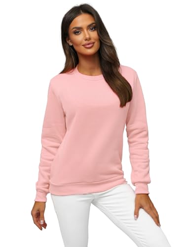 OZONEE Damen Sweatshirt Pullover Langarm Farbvarianten Langarmshirt Pulli ohne Kapuze Baumwolle Baumwollmischung Classic Basic Rundhals-Ausschnitt Sport 777/3001B PUDERROSA S von OZONEE
