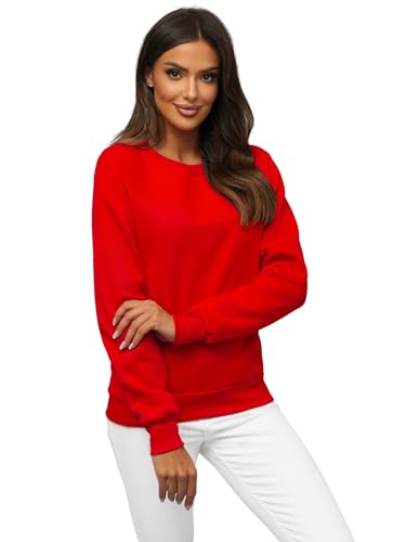 OZONEE Damen Sweatshirt Pullover Langarm Farbvarianten Langarmshirt Pulli ohne Kapuze Baumwolle Baumwollmischung Classic Basic Rundhals-Ausschnitt Sport 777/3001B ROT L von OZONEE