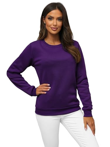 OZONEE Damen Sweatshirt Pullover Langarm Farbvarianten Langarmshirt Pulli ohne Kapuze Baumwolle Baumwollmischung Classic Basic Rundhals-Ausschnitt Sport 777/3001B VIOLETT XL von OZONEE