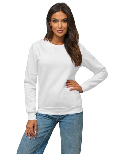 OZONEE Damen Sweatshirt Pullover Langarm Farbvarianten Langarmshirt Pulli ohne Kapuze Baumwolle Baumwollmischung Classic Basic Rundhals-Ausschnitt Sport 777/3001B WEIẞ XL von OZONEE