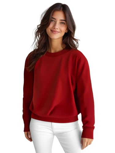 OZONEE Damen Sweatshirt Pullover Langarm Farbvarianten Langarmshirt Pulli ohne Kapuze Baumwolle Baumwollmischung Classic Basic Rundhals-Ausschnitt Sport 777/4160B DUNKELROT S von OZONEE