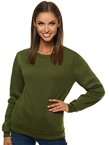 OZONEE Damen Sweatshirt Pullover Langarm Farbvarianten Langarmshirt Pulli ohne Kapuze Baumwolle Baumwollmischung Classic Basic Rundhals-Ausschnitt Sport 777/4160B Khaki L von OZONEE