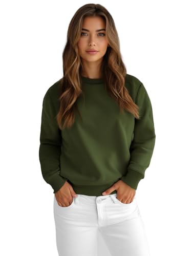 OZONEE Damen Sweatshirt Pullover Langarm Farbvarianten Langarmshirt Pulli ohne Kapuze Baumwolle Baumwollmischung Classic Basic Rundhals-Ausschnitt Sport 777/4160B Khaki L von OZONEE