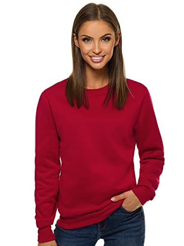 OZONEE Damen Sweatshirt Pullover Langarm Farbvarianten Langarmshirt Pulli ohne Kapuze Baumwolle Baumwollmischung Classic Basic Rundhals-Ausschnitt Sport JS/W01Z DUNKELROT XL von OZONEE