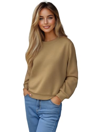 OZONEE Damen Sweatshirt Pullover Langarm Farbvarianten Langarmshirt Pulli ohne Kapuze Baumwolle Baumwollmischung Classic Basic Unifarbe Rundhals-Ausschnitt Sport 777/6502B/6 BEIGE M von OZONEE