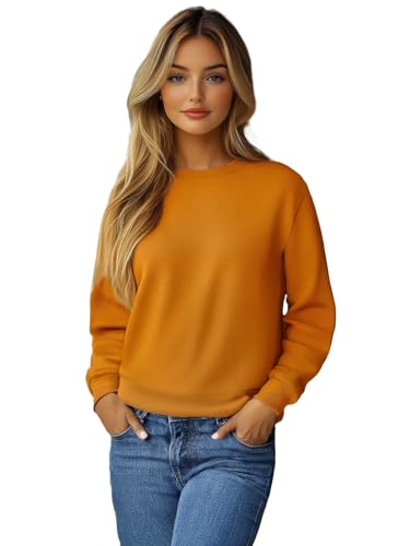 OZONEE Damen Sweatshirt Pullover Langarm Farbvarianten Langarmshirt Pulli ohne Kapuze Baumwolle Baumwollmischung Classic Basic Unifarbe Rundhals-Ausschnitt Sport 777/6502B Camel S von OZONEE