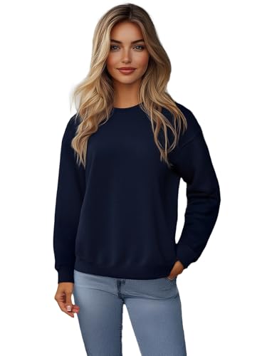 OZONEE Damen Sweatshirt Pullover Langarm Farbvarianten Langarmshirt Pulli ohne Kapuze Baumwolle Baumwollmischung Classic Basic Unifarbe Rundhals-Ausschnitt Sport 777/6502B DUNKELBLAU L von OZONEE