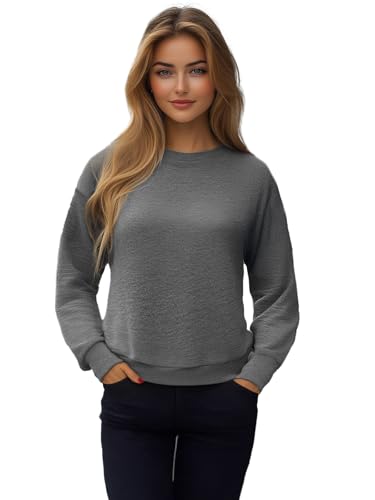 OZONEE Damen Sweatshirt Pullover Langarm Farbvarianten Langarmshirt Pulli ohne Kapuze Baumwolle Baumwollmischung Classic Basic Unifarbe Rundhals-Ausschnitt Sport 777/6502B DUNKELGRAU S von OZONEE