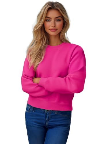 OZONEE Damen Sweatshirt Pullover Langarm Farbvarianten Langarmshirt Pulli ohne Kapuze Baumwolle Baumwollmischung Classic Basic Unifarbe Rundhals-Ausschnitt Sport 777/6502B DUNKELROSA S von OZONEE