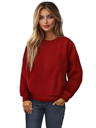 OZONEE Damen Sweatshirt Pullover Langarm Farbvarianten Langarmshirt Pulli ohne Kapuze Baumwolle Baumwollmischung Classic Basic Unifarbe Rundhals-Ausschnitt Sport 777/6502B DUNKELROT L von OZONEE