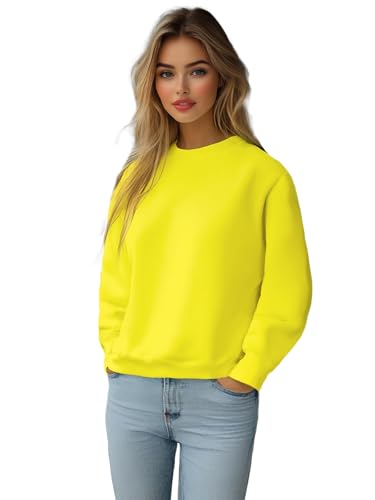 OZONEE Damen Sweatshirt Pullover Langarm Farbvarianten Langarmshirt Pulli ohne Kapuze Baumwolle Baumwollmischung Classic Basic Unifarbe Rundhals-Ausschnitt Sport 777/6502B GELB-NEON XL von OZONEE