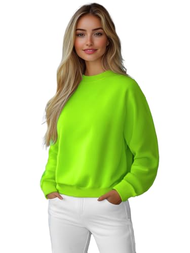 OZONEE Damen Sweatshirt Pullover Langarm Farbvarianten Langarmshirt Pulli ohne Kapuze Baumwolle Baumwollmischung Classic Basic Unifarbe Rundhals-Ausschnitt Sport 777/6502B GRÜN-NEON XL von OZONEE
