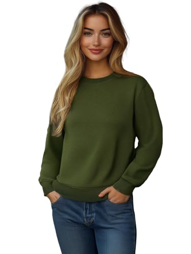 OZONEE Damen Sweatshirt Pullover Langarm Farbvarianten Langarmshirt Pulli ohne Kapuze Baumwolle Baumwollmischung Classic Basic Unifarbe Rundhals-Ausschnitt Sport 777/6502B Khaki S von OZONEE