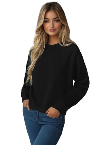 OZONEE Damen Sweatshirt Pullover Langarm Farbvarianten Langarmshirt Pulli ohne Kapuze Baumwolle Baumwollmischung Classic Basic Unifarbe Rundhals-Ausschnitt Sport 777/6502B SCHWARZ M von OZONEE