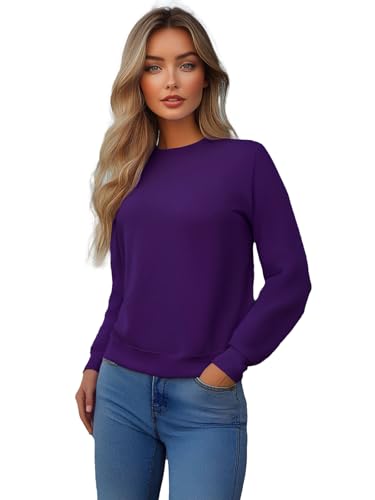 OZONEE Damen Sweatshirt Pullover Langarm Farbvarianten Langarmshirt Pulli ohne Kapuze Baumwolle Baumwollmischung Classic Basic Unifarbe Rundhals-Ausschnitt Sport 777/6502B VIOLETT M von OZONEE