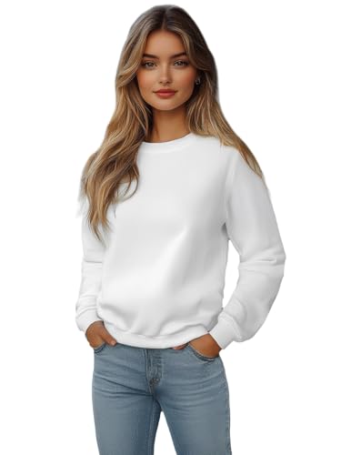 OZONEE Damen Sweatshirt Pullover Langarm Farbvarianten Langarmshirt Pulli ohne Kapuze Baumwolle Baumwollmischung Classic Basic Unifarbe Rundhals-Ausschnitt Sport 777/6502B WEIẞ L von OZONEE