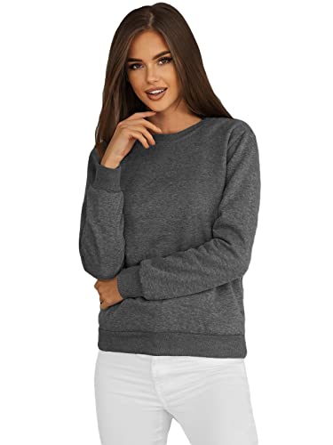 OZONEE Damen Sweatshirt Pullover Langarm Farbvarianten Oversized Langarmshirt Pulli ohne Kapuze Baumwolle Baumwollmischung Classic Basic Rundhals-Ausschnitt Sport 777/4428B DUNKELGRAU L von OZONEE