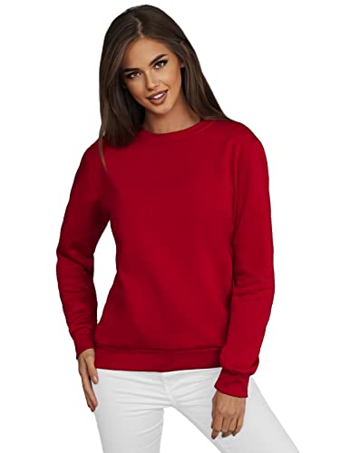 OZONEE Damen Sweatshirt Pullover Langarm Farbvarianten Oversized Langarmshirt Pulli ohne Kapuze Baumwolle Baumwollmischung Classic Basic Rundhals-Ausschnitt Sport 777/4428B DUNKELROT M von OZONEE