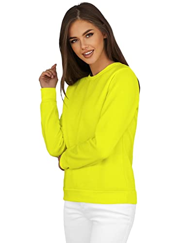 OZONEE Damen Sweatshirt Pullover Langarm Farbvarianten Oversized Langarmshirt Pulli ohne Kapuze Baumwolle Baumwollmischung Classic Basic Rundhals-Ausschnitt Sport 777/4428B GELB-NEON M von OZONEE