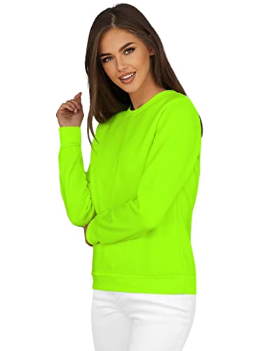 OZONEE Damen Sweatshirt Pullover Langarm Farbvarianten Oversized Langarmshirt Pulli ohne Kapuze Baumwolle Baumwollmischung Classic Basic Rundhals-Ausschnitt Sport 777/4428B GRÜN-NEON L von OZONEE