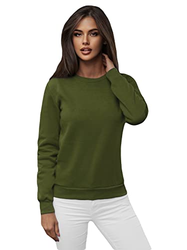 OZONEE Damen Sweatshirt Pullover Langarm Farbvarianten Oversized Langarmshirt Pulli ohne Kapuze Baumwolle Baumwollmischung Classic Basic Rundhals-Ausschnitt Sport 777/4428B Khaki L von OZONEE