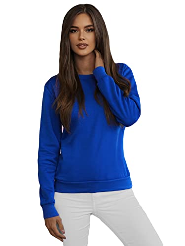 OZONEE Damen Sweatshirt Pullover Langarm Farbvarianten Oversized Langarmshirt Pulli ohne Kapuze Baumwolle Baumwollmischung Classic Basic Rundhals-Ausschnitt Sport 777/4428B Kobalt L von OZONEE