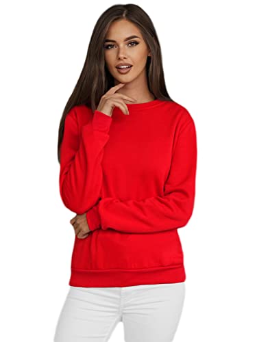 OZONEE Damen Sweatshirt Pullover Langarm Farbvarianten Oversized Langarmshirt Pulli ohne Kapuze Baumwolle Baumwollmischung Classic Basic Rundhals-Ausschnitt Sport 777/4428B ROT L von OZONEE