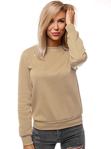 OZONEE Damen Sweatshirt Pullover Langarm Farbvarianten Oversized Langarmshirt Pulli ohne Kapuze Baumwolle Baumwollmischung Classic Basic Rundhals-Ausschnitt Sport JS/W01/6 BEIGE M von OZONEE