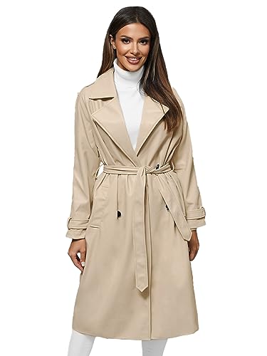 OZONEE Damen Trenchcoat Mantel Herbstmantel Zweireihiger Farbvarianten Jacke Übergangsjacke Coat Herbst Lang Warm Reverskragen Elegant Klassischer JS/11Z8100Z BEIGE S von OZONEE