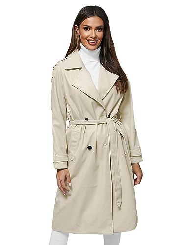 OZONEE Damen Trenchcoat Mantel Herbstmantel Zweireihiger Farbvarianten Jacke Übergangsjacke Coat Herbst Lang Warm Reverskragen Elegant Klassischer JS/11Z8100Z HELLBEIGE L von OZONEE