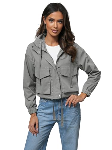 OZONEE Damen Übergangsjacke Jacke Windjacke Sommerjacke Übergang Jacken Sportjacke Stehkragen Kapuze Kapuzenjacke Leichte Outdoor Jacket Gepolstert 777/3294K GRAU S/M von OZONEE