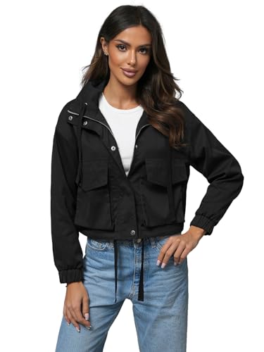 OZONEE Damen Übergangsjacke Jacke Windjacke Sommerjacke Übergang Jacken Sportjacke Stehkragen Kapuze Kapuzenjacke Leichte Outdoor Jacket Gepolstert 777/3294K SCHWARZ M/L von OZONEE