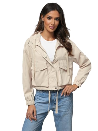 OZONEE Damen Übergangsjacke Jacke Windjacke Sommerjacke Übergang Jacken Sportjacke Stehkragen Kapuze Kapuzenjacke Leichte Outdoor Jacket Gepolstert O/G118Z BEIGE L/XL von OZONEE