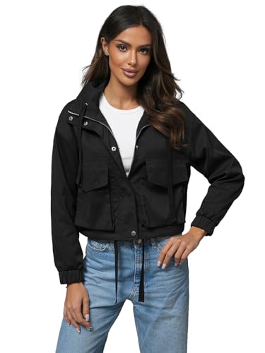 OZONEE Damen Übergangsjacke Jacke Windjacke Sommerjacke Übergang Jacken Sportjacke Stehkragen Kapuze Kapuzenjacke Leichte Outdoor Jacket Gepolstert O/G118Z SCHWARZ M/L von OZONEE