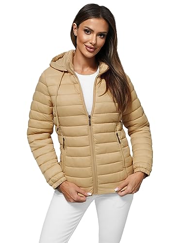 OZONEE Damen Übergangsjacke Regenjacke Jacke Übergang Jacken Herbst Bomberjacke Stehkragen Kapuze Steppjacke Kapuzenjacke Leichte Outdoor Puffer Jacket Gepolstert 777/1175K/254 BEIGE S von OZONEE