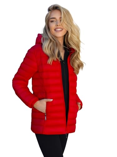OZONEE Damen Übergangsjacke Regenjacke Jacke Übergang Jacken Herbst Bomberjacke Stehkragen Kapuze Steppjacke Kapuzenjacke Leichte Outdoor Puffer Jacket Gepolstert 777/1175K/270 ROT M von OZONEE