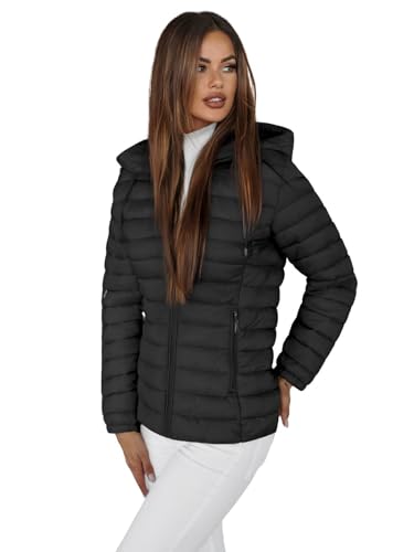 OZONEE Damen Übergangsjacke Regenjacke Jacke Übergang Jacken Herbst Bomberjacke Stehkragen Kapuze Steppjacke Kapuzenjacke Leichte Outdoor Puffer Jacket Gepolstert 777/1175K/392 SCHWARZ XL von OZONEE