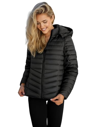 OZONEE Damen Übergangsjacke Regenjacke Jacke Übergang Jacken Herbst Bomberjacke Stehkragen Kapuze Steppjacke Kapuzenjacke Leichte Outdoor Puffer Jacket Gepolstert 777/1682K SCHWARZ XL von OZONEE