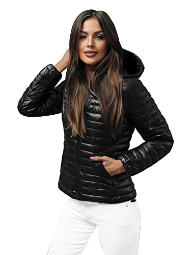 OZONEE Damen Übergangsjacke Regenjacke Jacke Übergang Jacken Herbst Bomberjacke Stehkragen Kapuze Steppjacke Kapuzenjacke Leichte Outdoor Puffer Jacket Gepolstert 777/2104K SCHWARZ L von OZONEE