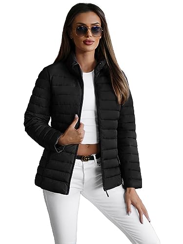 OZONEE Damen Übergangsjacke Regenjacke Jacke Übergang Jacken Herbst Bomberjacke Stehkragen Kapuze Steppjacke Kapuzenjacke Leichte Outdoor Puffer Jacket Gepolstert 777/2163K/392 SCHWARZ M von OZONEE