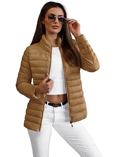 OZONEE Damen Übergangsjacke Regenjacke Jacke Übergang Jacken Herbst Bomberjacke Stehkragen Kapuze Steppjacke Kapuzenjacke Leichte Outdoor Puffer Jacket Gepolstert 777/2163K/84 DUNKELBEIGE S von OZONEE