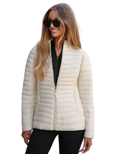 OZONEE Damen Übergangsjacke Regenjacke Jacke Übergang Jacken Herbst Bomberjacke Stehkragen Kapuze Steppjacke Kapuzenjacke Leichte Outdoor Puffer Jacket Gepolstert 777/4700K ECRU M von OZONEE