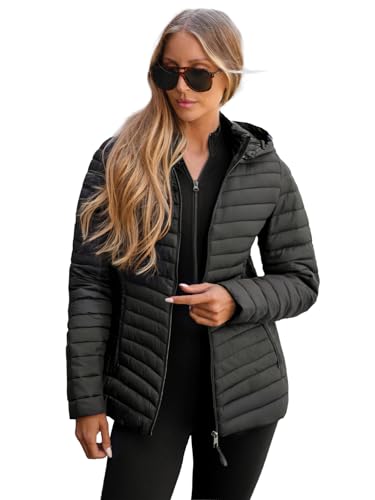 OZONEE Damen Übergangsjacke Regenjacke Jacke Übergang Jacken Herbst Bomberjacke Stehkragen Kapuze Steppjacke Kapuzenjacke Leichte Outdoor Puffer Jacket Gepolstert 777/4700K SCHWARZ M von OZONEE