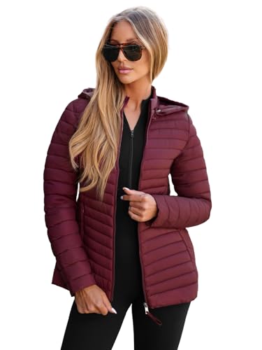 OZONEE Damen Übergangsjacke Regenjacke Jacke Übergang Jacken Herbst Bomberjacke Stehkragen Kapuze Steppjacke Kapuzenjacke Leichte Outdoor Puffer Jacket Gepolstert 777/4700K WEINROT L von OZONEE