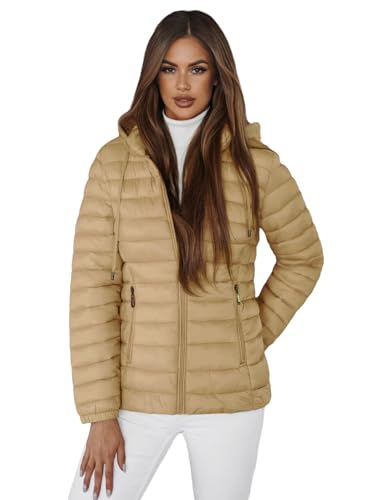 OZONEE Damen Übergangsjacke Regenjacke Jacke Übergang Jacken Herbst Bomberjacke Stehkragen Kapuze Steppjacke Kapuzenjacke Leichte Outdoor Puffer Jacket Gepolstert 777/4789K/254 BEIGE S von OZONEE