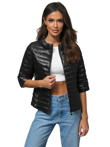 OZONEE Damen Übergangsjacke Regenjacke Jacke Übergang Jacken Herbst Bomberjacke Stehkragen Kapuze Steppjacke Kapuzenjacke Leichte Outdoor Puffer Jacket Gepolstert 777/4792K SCHWARZ M von OZONEE